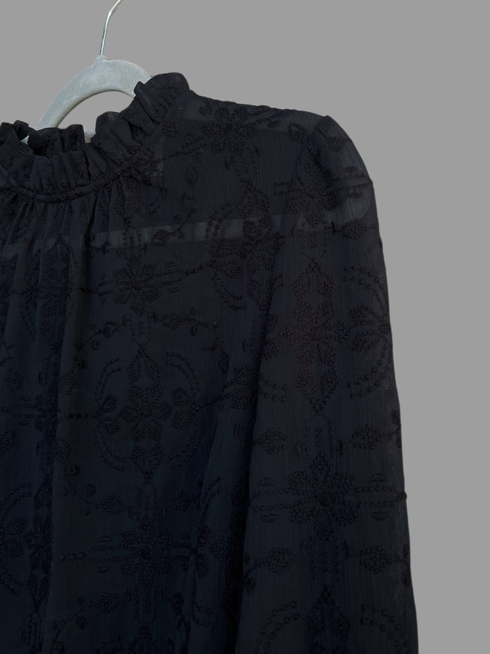 SEZANE Black Sheer Floral Embroidered Ruffle High Neck Valentine Blouse Top - Picture 2 of 14